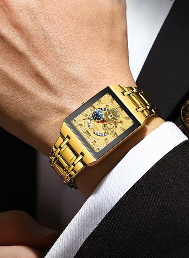 SENO Square Hollow-Out Gold Dial, Fully Automatic Waterproof Luminous Quartz Men's Business Watch with Gold Alloy Strap - Image 3