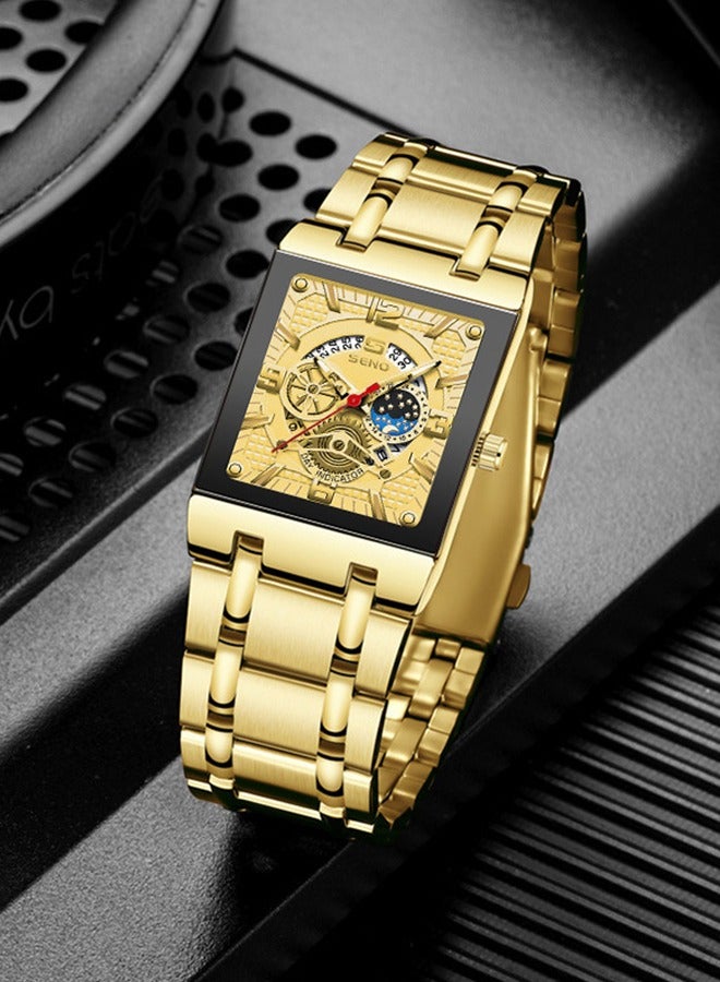 SENO Square Hollow-Out Gold Dial, Fully Automatic Waterproof Luminous Quartz Men's Business Watch with Gold Alloy Strap - Image 2