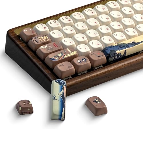 OHY XVX MOA Profile Japanese Fuji Mountain Theme PBT Keycaps Set, 140-Key Coffee & Cream Custom Keycaps for US Layout Mechanical Keyboards (Brown/Beige Design with Key Puller) - Image 1