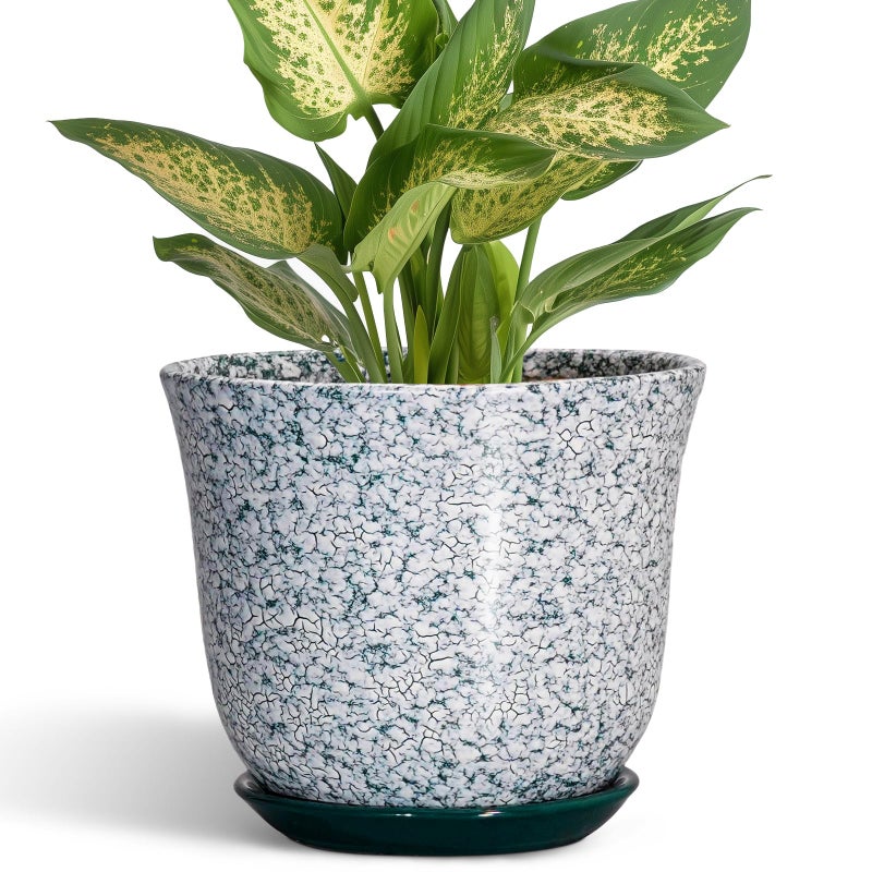 SUNPOTFOR 5.6 Inch Plant Pot - Ceramic Plant Pots for Indoor Outdoor, Round Orchid Succulent Pots with Drainage Hole and Saucer, Modern Flower Pot, Home Office Decor, Green-White - Image 1