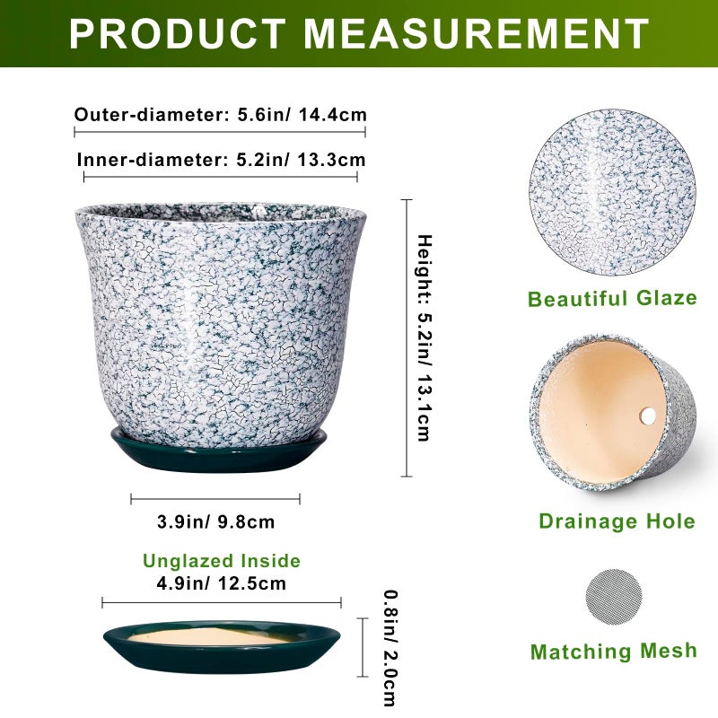 SUNPOTFOR 5.6 Inch Plant Pot - Ceramic Plant Pots for Indoor Outdoor, Round Orchid Succulent Pots with Drainage Hole and Saucer, Modern Flower Pot, Home Office Decor, Green-White - Image 2