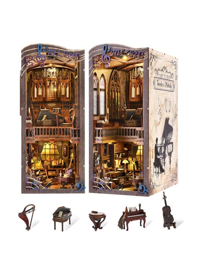 fifijoy ركن الكتب، مجموعة ركن الكتب المصغرة DIY موسيقى، أحجية خشبية ثلاثية الأبعاد لحوامل الكتب مع إضاءة LED لل Teens والبالغين (لحن خالد) - Image 1