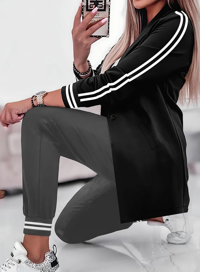 Take Two Black Midi Blazer with Stripe Detail