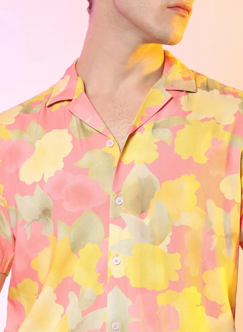 Campus Sutra Men's Peach Orange Flora Foliage Shirt
