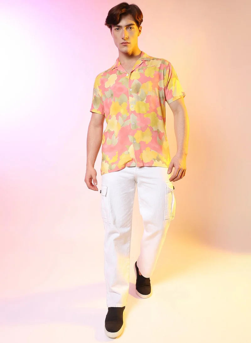 Campus Sutra Men's Peach Orange Flora Foliage Shirt