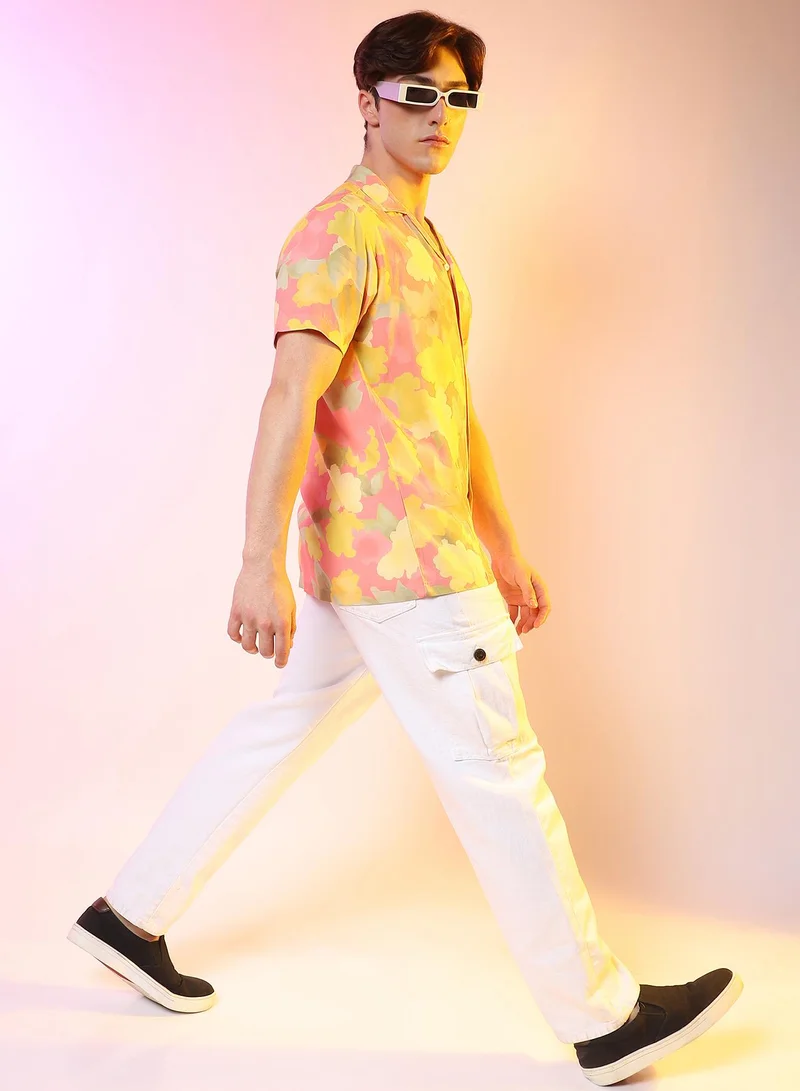 Campus Sutra Men's Peach Orange Flora Foliage Shirt