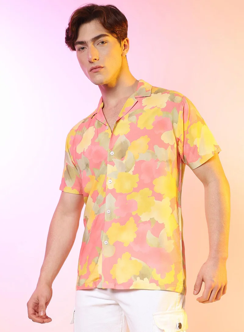 Campus Sutra Men's Peach Orange Flora Foliage Shirt