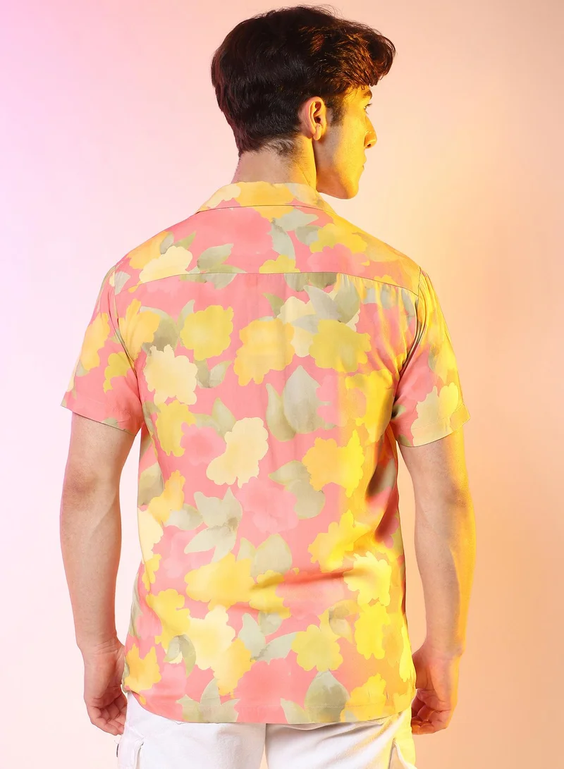 Campus Sutra Men's Peach Orange Flora Foliage Shirt