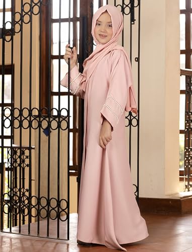 IKADEX Kids Girls Muslim Abaya Dress Modest Pearl Sleeve Cardigan Kaftan + Chiffon Hijab Islamic Ramadan Prayer Clothes Pink 3-4y - Image 2