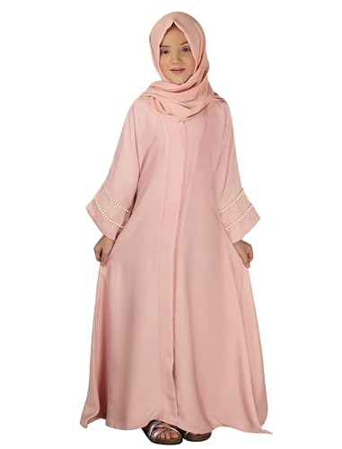 IKADEX Kids Girls Muslim Abaya Dress Modest Pearl Sleeve Cardigan Kaftan + Chiffon Hijab Islamic Ramadan Prayer Clothes Pink 3-4y - Image 5
