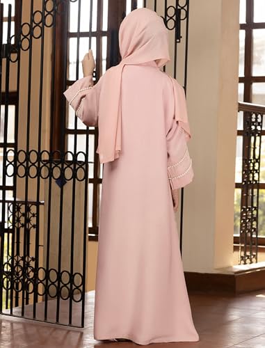 IKADEX Kids Girls Muslim Abaya Dress Modest Pearl Sleeve Cardigan Kaftan + Chiffon Hijab Islamic Ramadan Prayer Clothes Pink 3-4y - Image 3
