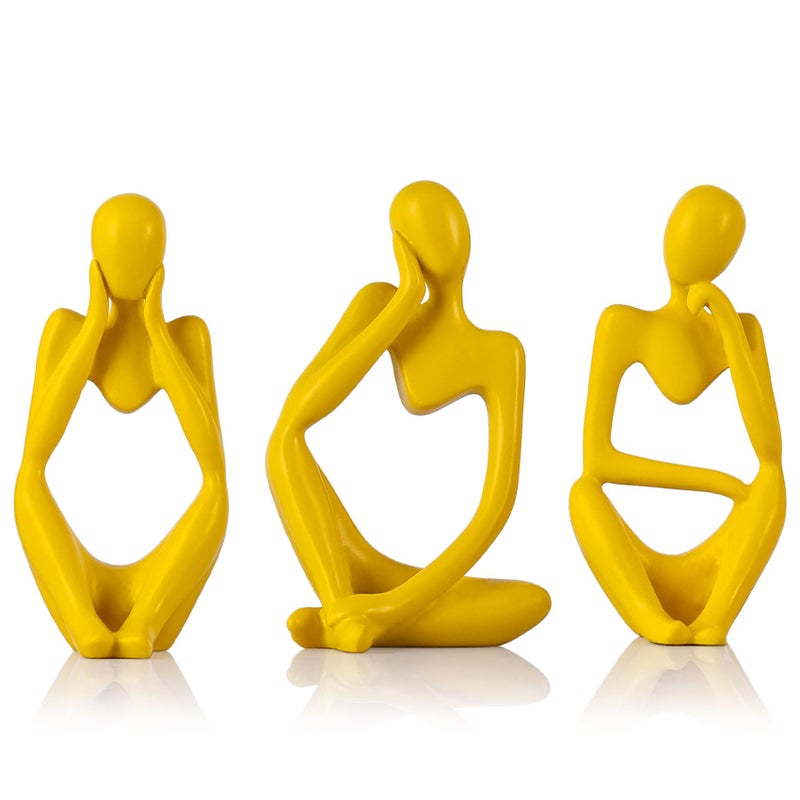 Yellow Thinker Statue Decor for TV Stand, Shelf, Desk, or Coffee Table - Set of 3 Resin Figurines for Living Room Decorative Objects, Modern Sculpture, Minimalist Bookcase Decor, Home Accents