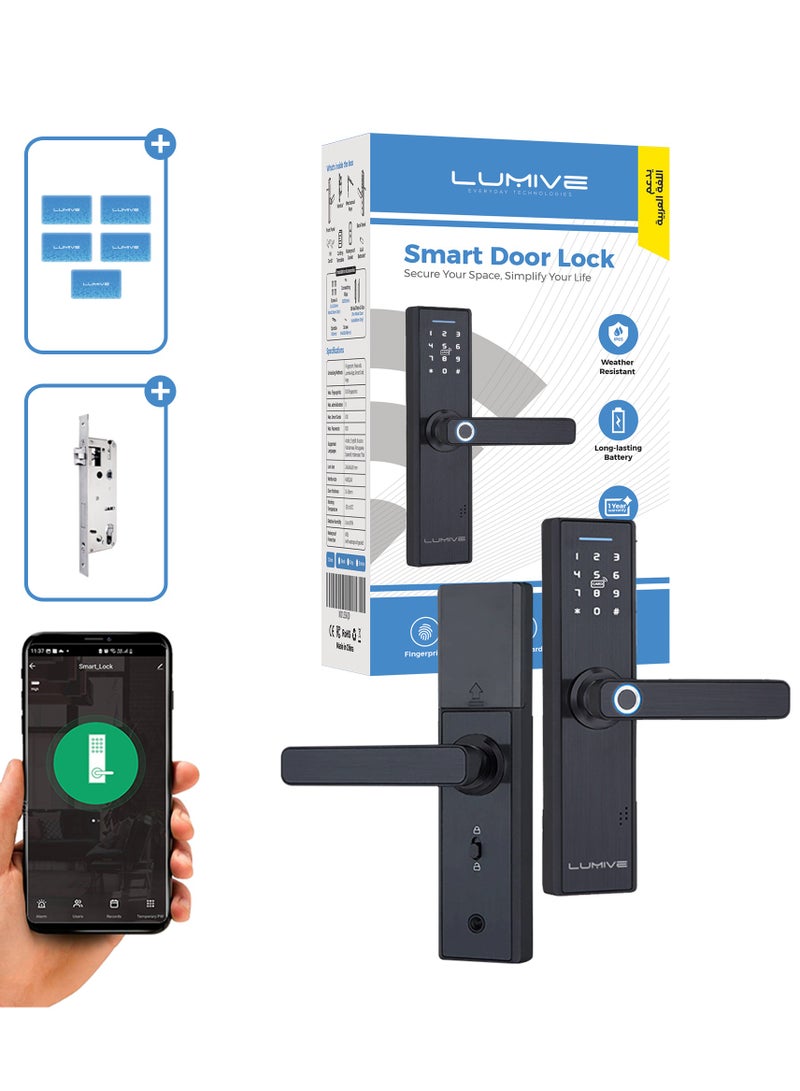 لوميف قفل باب ذكي  يعمل ببصمة الاصابع وبتطبيق الوايفاي قفل ذكي لا يحتاج إلى مفاتيح فقط قم بإدخال بصمة اصابعك قفل بلوحة مفاتيح وحماية بيومترية يتضمن كالون 4585 و5 بطاقات ذكية - Image 1