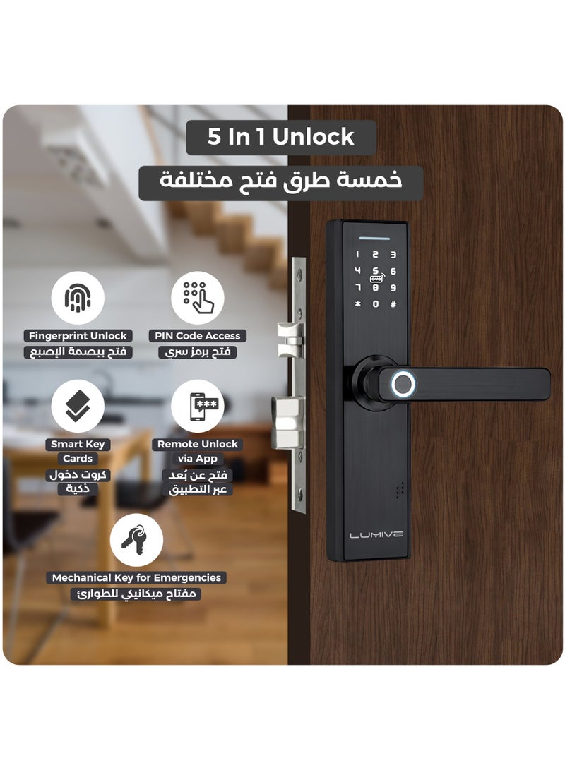 لوميف قفل باب ذكي  يعمل ببصمة الاصابع وبتطبيق الوايفاي قفل ذكي لا يحتاج إلى مفاتيح فقط قم بإدخال بصمة اصابعك قفل بلوحة مفاتيح وحماية بيومترية يتضمن كالون 4585 و5 بطاقات ذكية - Image 5