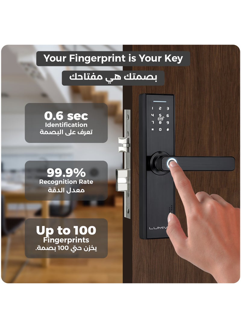 لوميف قفل باب ذكي  يعمل ببصمة الاصابع وبتطبيق الوايفاي قفل ذكي لا يحتاج إلى مفاتيح فقط قم بإدخال بصمة اصابعك قفل بلوحة مفاتيح وحماية بيومترية يتضمن كالون 4585 و5 بطاقات ذكية - Image 3