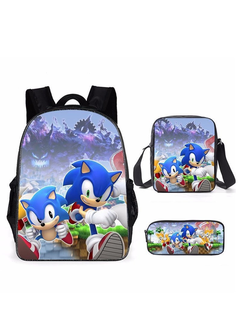 Sonic Primary School Backpack Cartoon Anime Backpack Messenger Bag Pencil Case Three-Piece Set 29*16*42cm