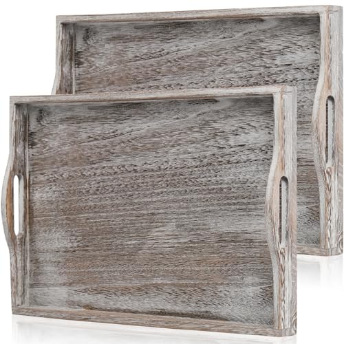 DEAYOU 2 Pack Rustic Wood Serving Tray 17 Ottoman Wooden Trays for Coffee Table Farmhouse Vintage Decorative Tray Platter with Cutout Handle for Eating Breakfast Rectangle 17 L x 11 W