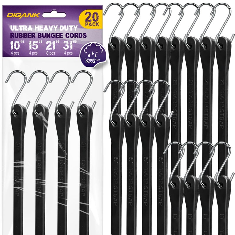 Digank Bungee Cords with Hooks (20 Pack) Heavy Duty Outdoor Rubber Tarp Straps in 10", 15", 21", 31" Sizes, Crimped S Hooks for Securing Cargo, Bikes, Camping Gear, Luggage - Max Stretch 1.5X, Load 180 lbs - Image 1