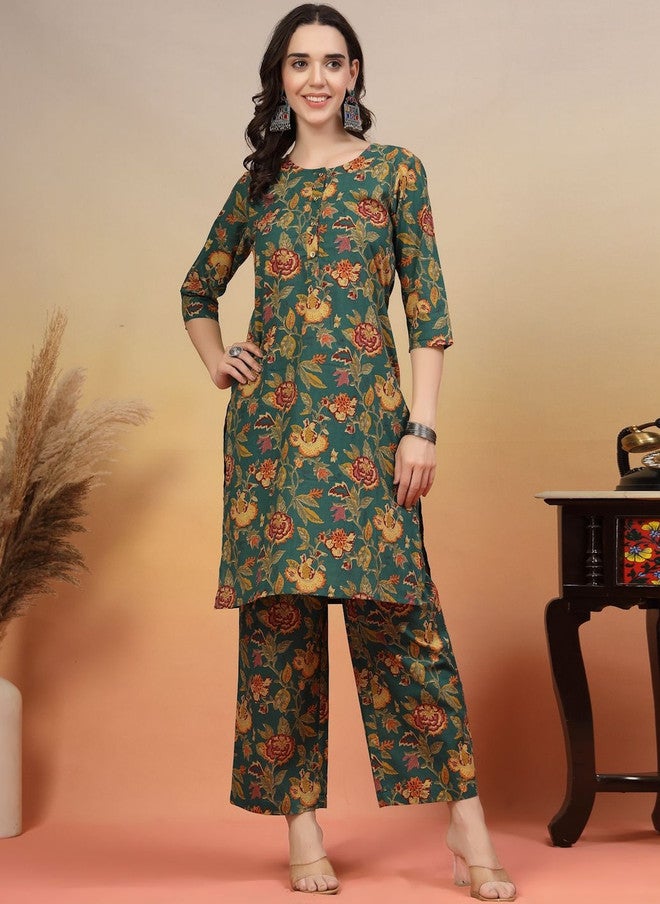 COTLAND FASHION Floral Printed Round Neck Pure Cotton Straight Kurta With Trousers - Image 1