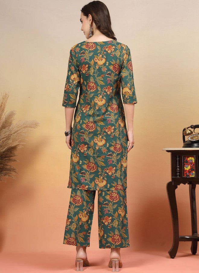 COTLAND FASHION Floral Printed Round Neck Pure Cotton Straight Kurta With Trousers - Image 5