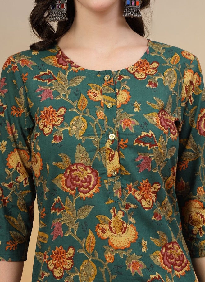 COTLAND FASHION Floral Printed Round Neck Pure Cotton Straight Kurta With Trousers - Image 2