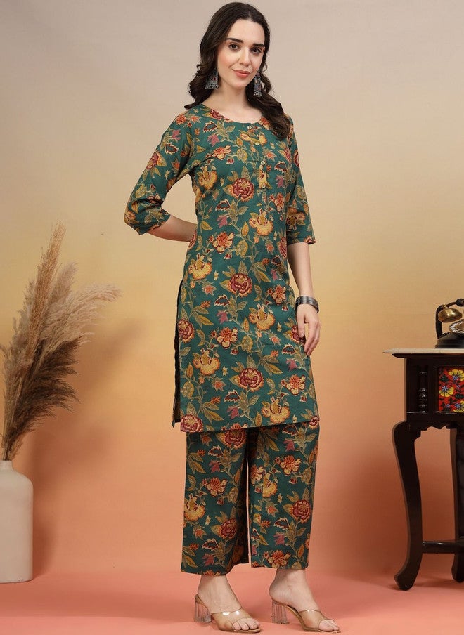 COTLAND FASHION Floral Printed Round Neck Pure Cotton Straight Kurta With Trousers - Image 4