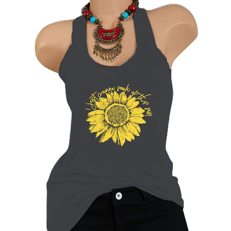 Spring 2020 Cross-border New Women's Vest Letter Sunflower Print Pattern Women's T-Shirt BX10665 - Image 5