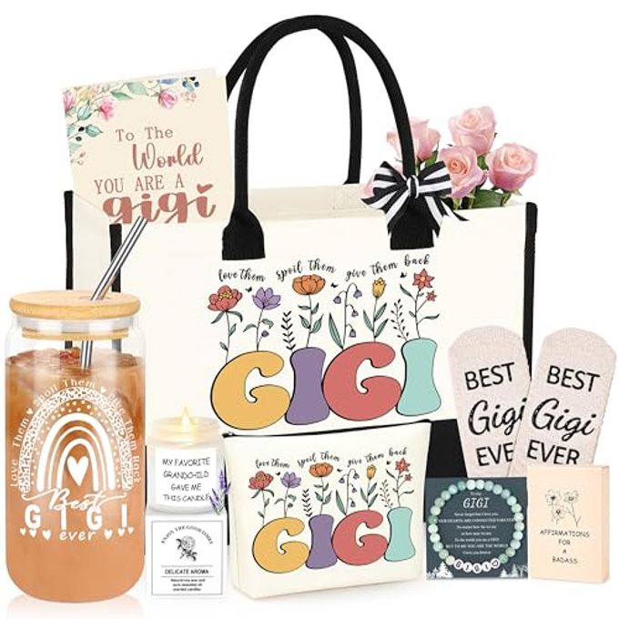 DOGMEM Gigi Gifts for Grandma Birthday Gift Set from Granddaughter Grandchildren Grandkids Christmas Gifts for Gigi Tote Bag Makeup Bag 16 Oz Can Glass - Image 4