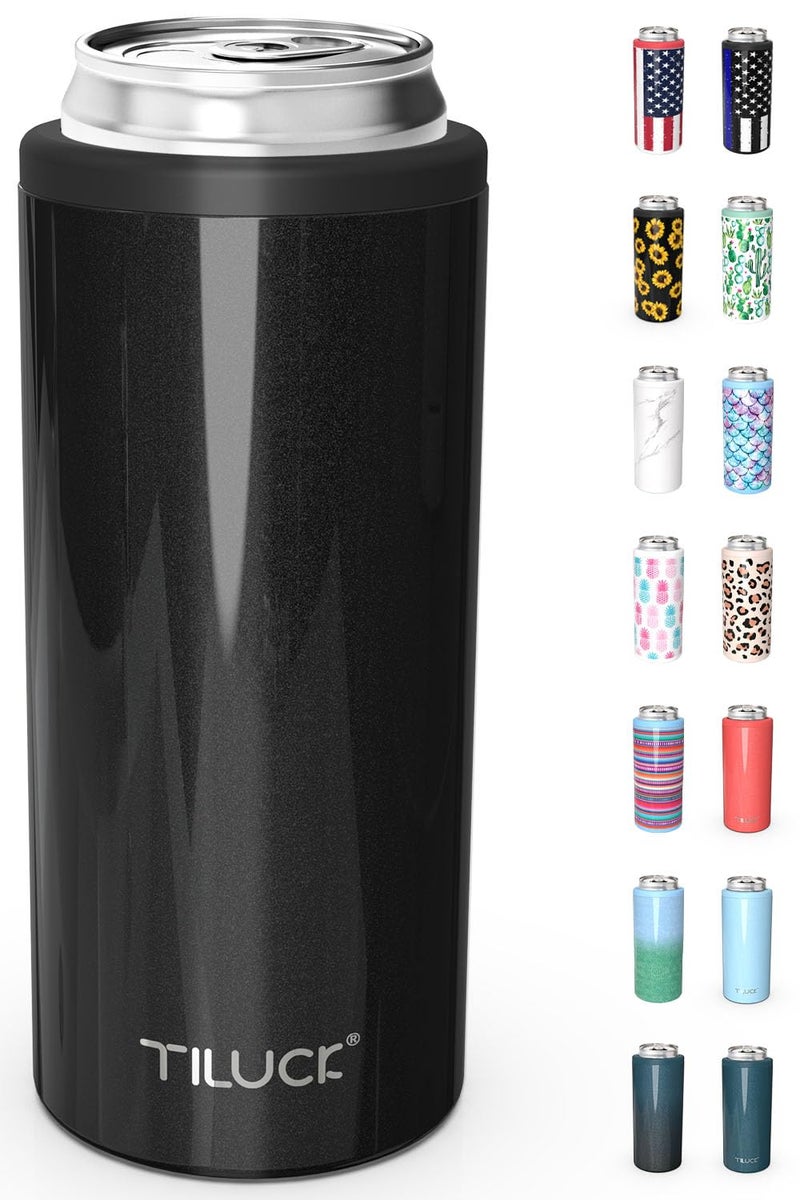 TILUCK Skinny Can Cooler for Slim Beer Hard Seltzer Stainless Steel DoucleWalled Stainless Steel Insulated Slim Cans Standard 12 oz Glitter Black