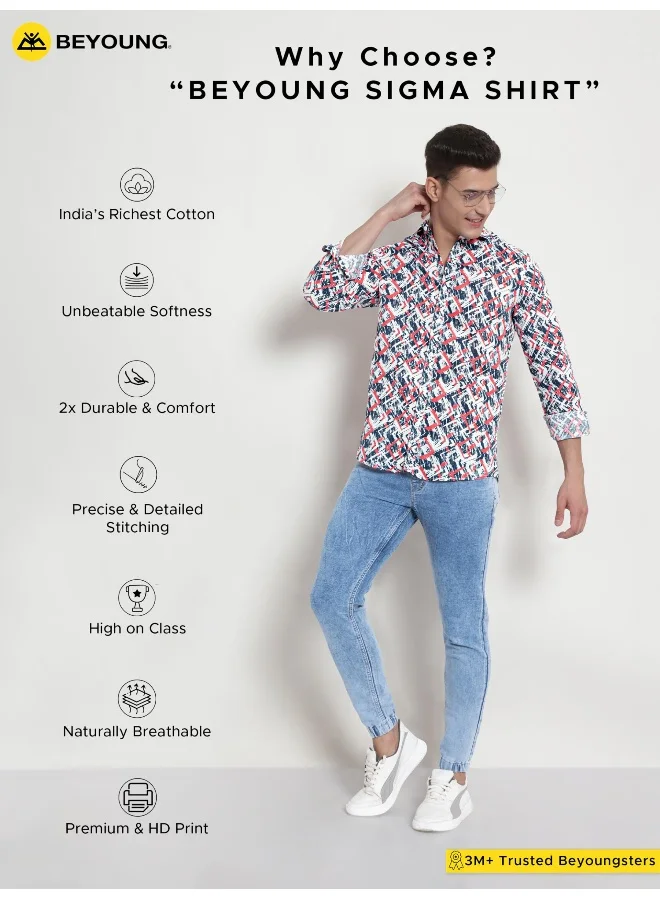 Beyoung Long Sleeve Orange Abstract Printed Shirts for Men