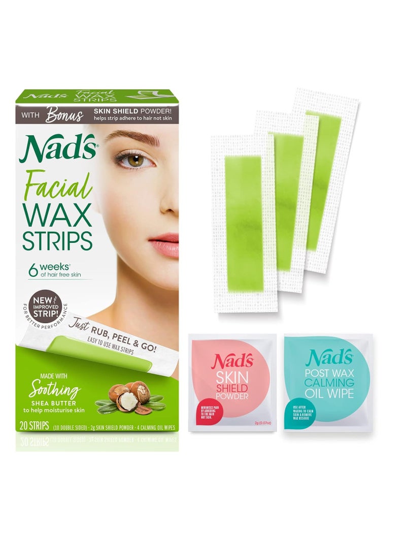 Nad's - Nad's Facial Wax Strips - Hypoallergenic All Skin Types - Facial Hair Removal For Women - At Home Waxing Kit with 20 Face Wax Strips + 4 Calming Oil Wipes + Skin Protection Powder - Image 1