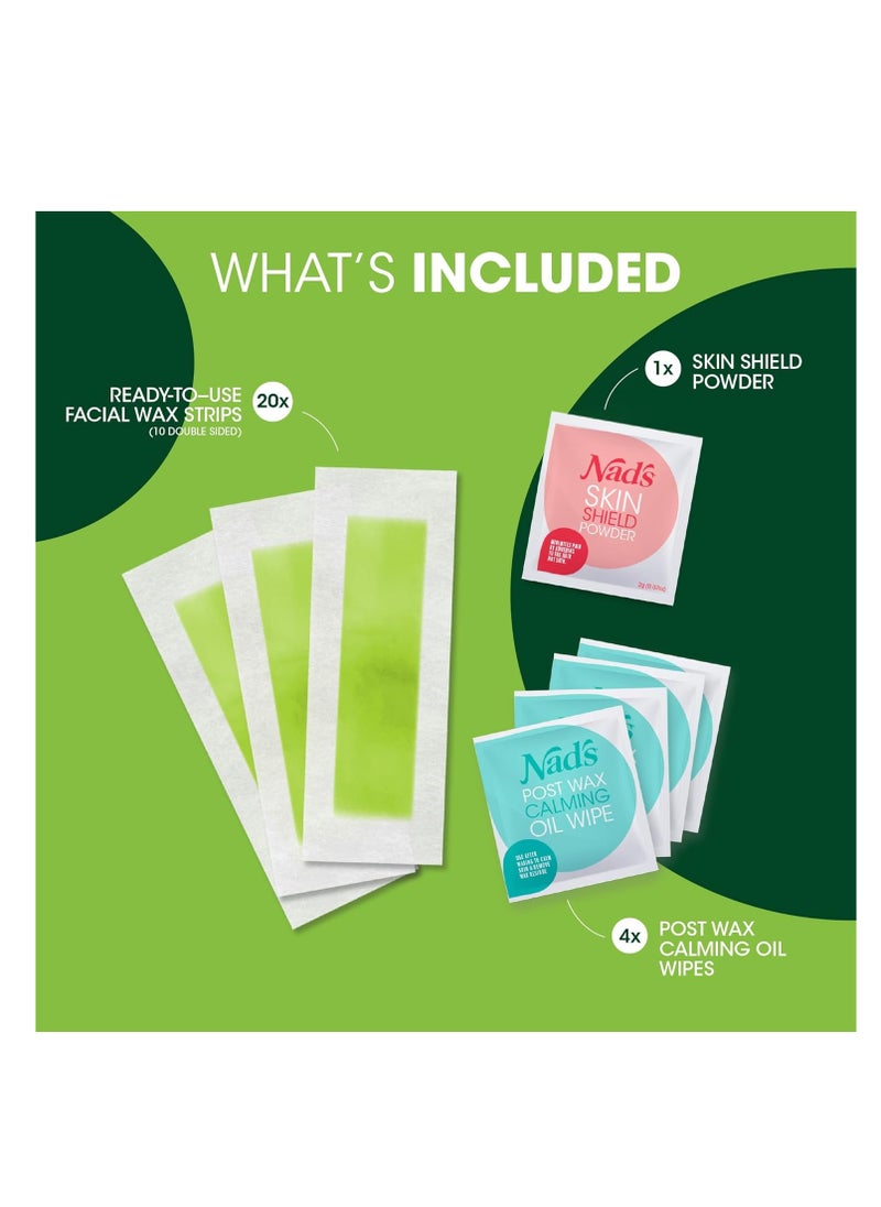Nad's - Nad's Facial Wax Strips - Hypoallergenic All Skin Types - Facial Hair Removal For Women - At Home Waxing Kit with 20 Face Wax Strips + 4 Calming Oil Wipes + Skin Protection Powder - Image 1