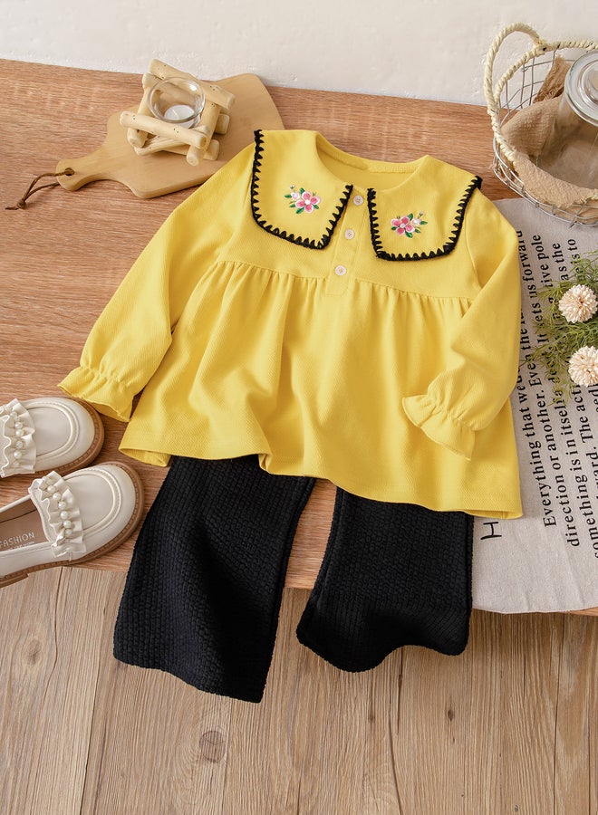Take Two Girls Yellow Embroidered Top And Knit Pants Set - Image 1