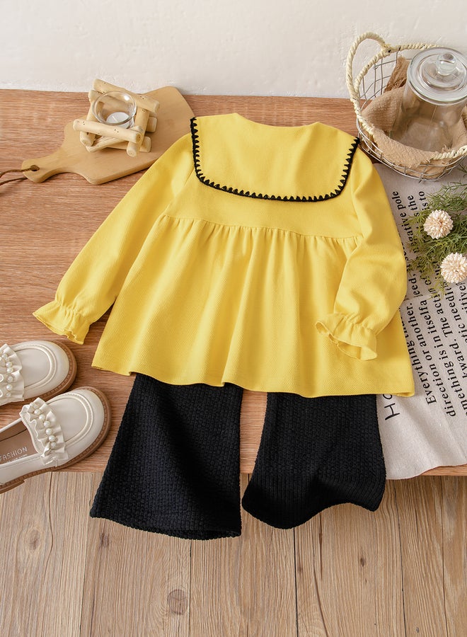 Take Two Girls Yellow Embroidered Top And Knit Pants Set - Image 2