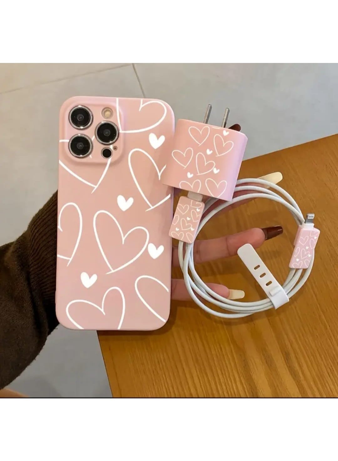5 Pcs Set, iPhone 16 Pro Max, Case , Charger Case, Data Cable Case, Silicone Data cable Strap, Pink Line Heart Pattern, Protective Kit.