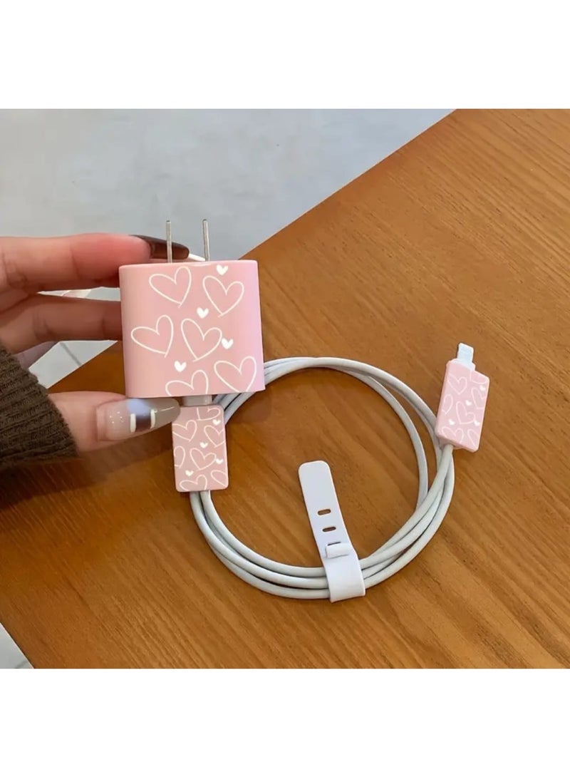 LDQ 5 Pcs Set, iPhone 16 Pro Max, Case , Charger Case, Data Cable Case, Silicone Data cable Strap, Pink Line Heart Pattern, Protective Kit. - Image 5