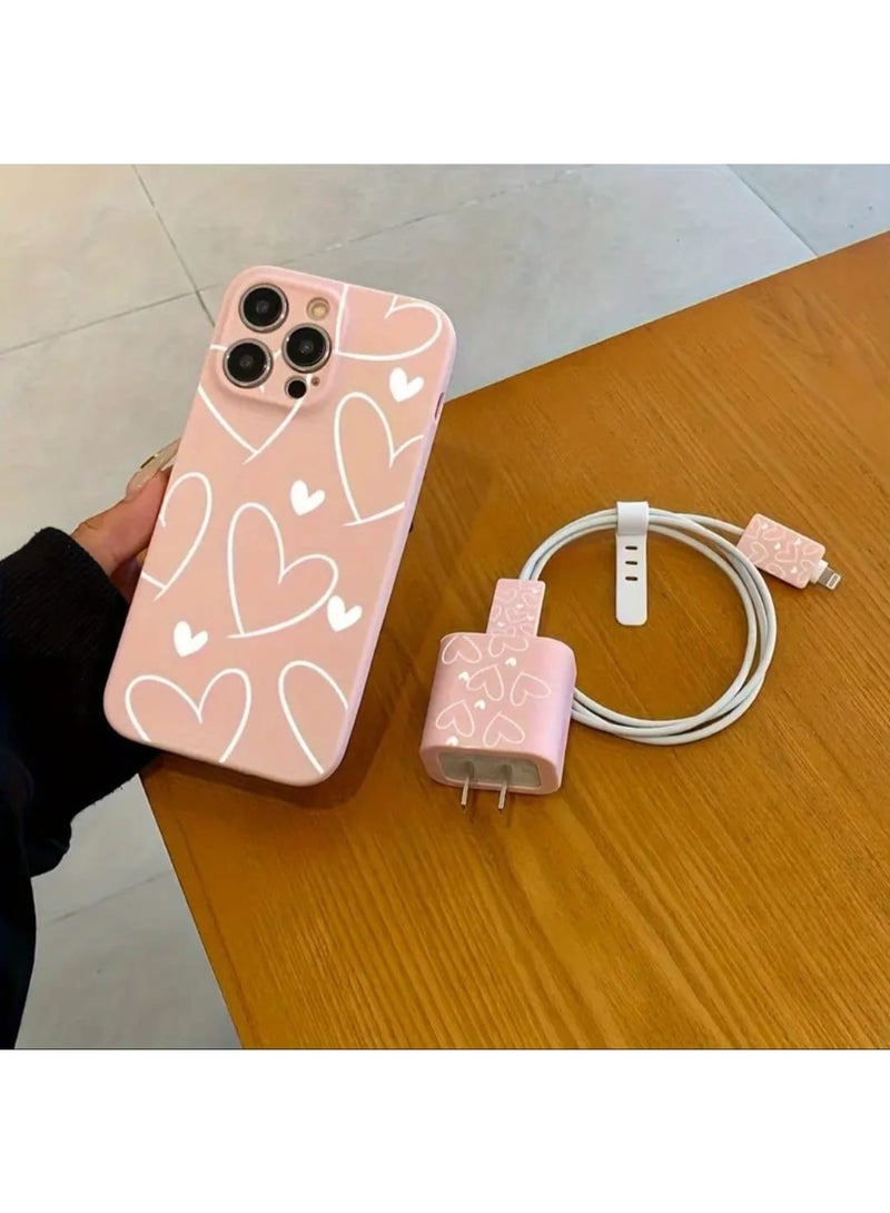 LDQ 5 Pcs Set, iPhone 16 Pro Max, Case , Charger Case, Data Cable Case, Silicone Data cable Strap, Pink Line Heart Pattern, Protective Kit. - Image 2