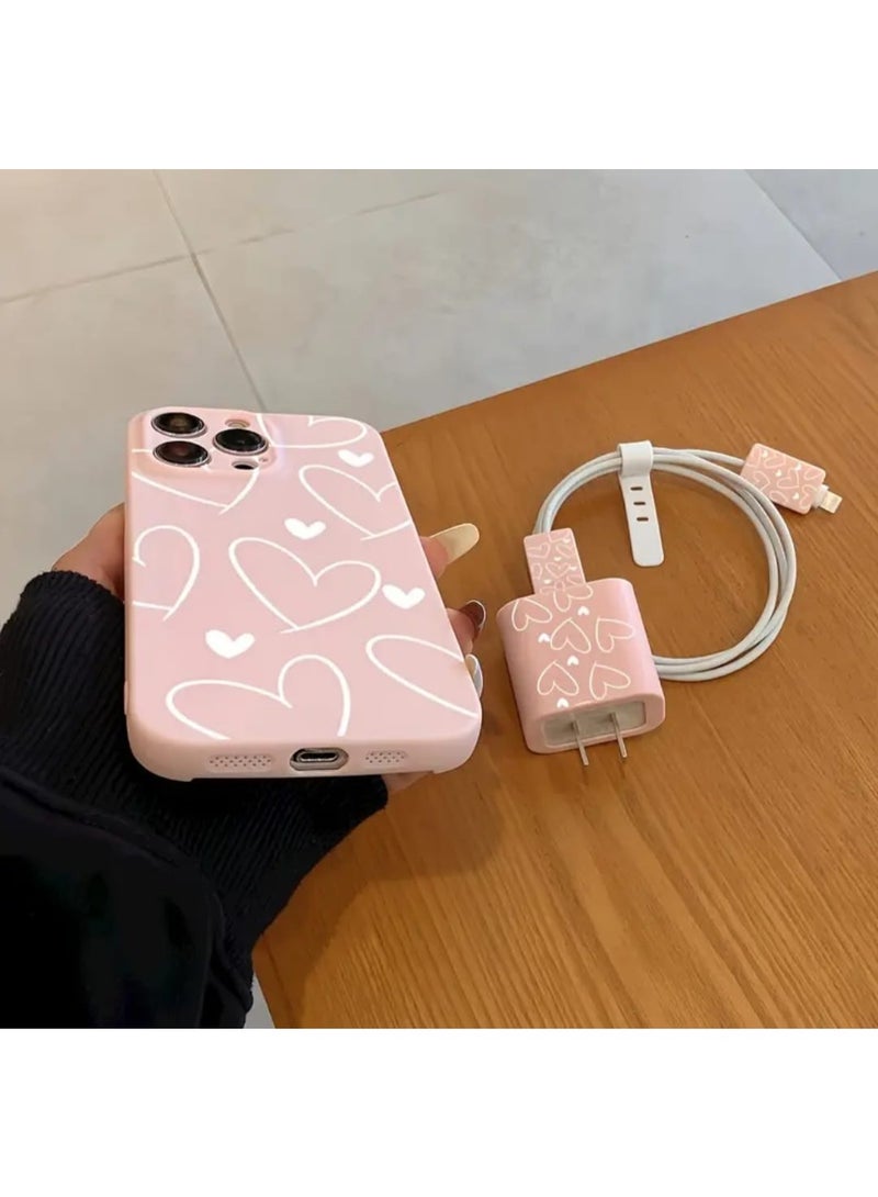 LDQ 5 Pcs Set, iPhone 16 Pro Max, Case , Charger Case, Data Cable Case, Silicone Data cable Strap, Pink Line Heart Pattern, Protective Kit. - Image 4
