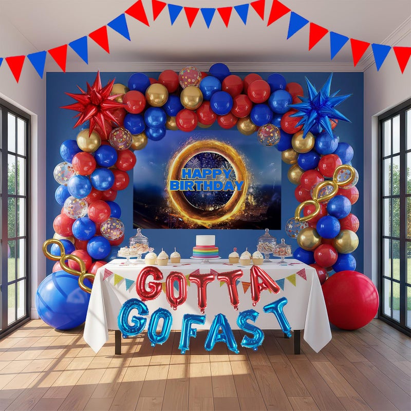 yeewaka Red Blue Gold Hedgehog Birthday Party Decorations with Letter Lightning foil balloons Banner background backdrop for kid video game Cartoon Movies Super hero themed birthday gamer party decor - Image 2