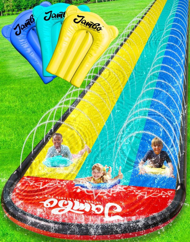 JAMBO XL 20Ft Premium 3 Lane Slip Splash and Slide with 3 Bodyboards, Heavy Duty Water Slide- Advanced 3-Way Water Sprinkler System, Backyard Waterslide Outdoor Water Toys n Slides for Kids - Image 1