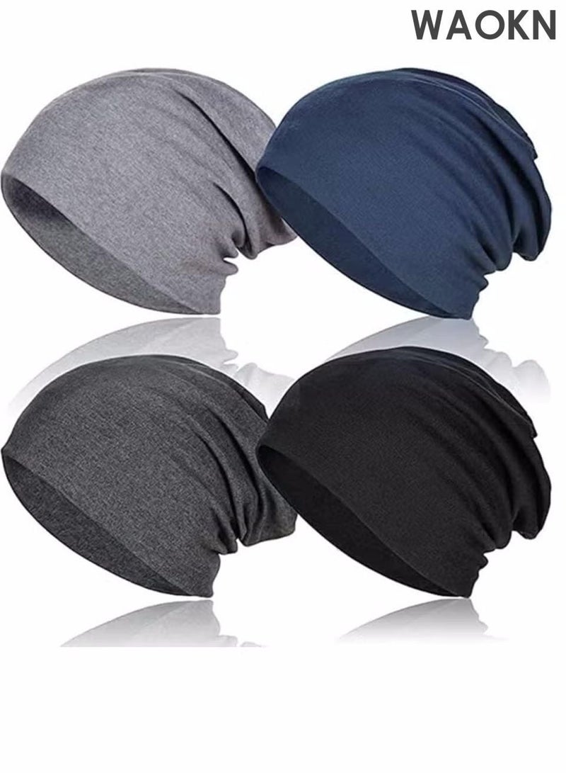 WAOKN 4 Pieces Satin Lined Sleep Cap Slouchy Beanie Hat Night Hair Cap for Women Adjustable Bonnet Satin Bonnet,Slouchy Beanie for Men/Women Baggy Cap Summer Winter Knit Hat Sleep Stretch Sleeping Headwear Head Wrap Men Women Unisex Quick Dry Waterproof Flex Fit Baseball Sun Sports - Image 1