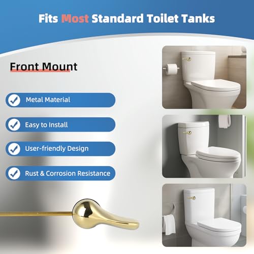 iFealClear Polished Gold Metal Universal Toilet Handle Replacement Kit, Front Mount Toilet Tank Flush Lever Handle with Nut Lock, Toilet Trip Lever Fits Most Toilets, Sold Brass Material - Image 3