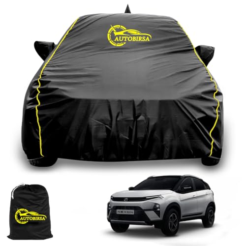 AUTOBIRSA Waterproof Car Body Cover Compatible with Tata Nexon New Car Cover with Mirror & Anteena Packets Dust Proof & Belt with 4 Side Elastic Black Colour & Yellow Piping Style - Image 1