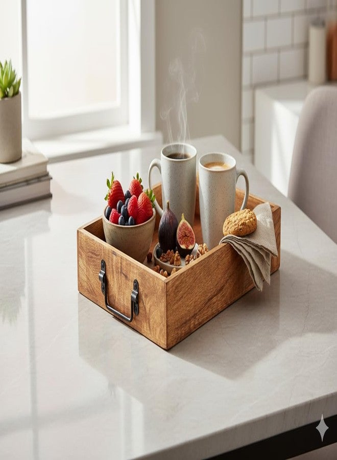 TrendBell Wooden Decorative Serving Tray with Metal Handles | Wood Trays for Breakfast in Bed, Lunch, Dinner, Appetizers, Patio, Ottoman, Coffee Table, Party (15" X 11" x 2.75") - Image 5