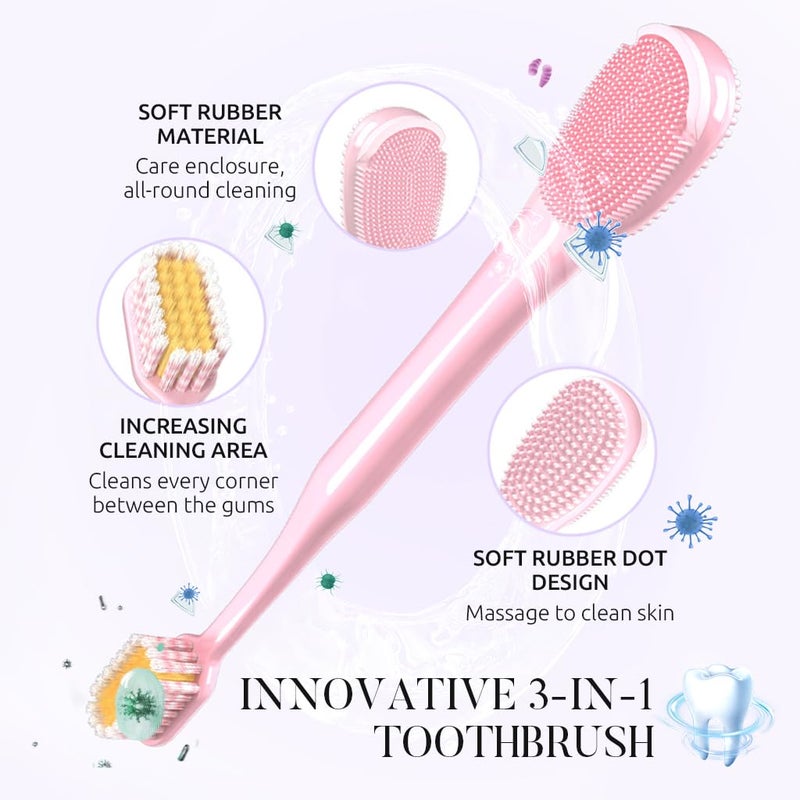 HANNEA® Tooth Brush Set Soft Bristle Tooth Brush for Adults 3 In 1 Toothbrush with Double Side Tongue and Face Cleaner Soft Rubber Dental Brush, Pack of 4 - Image 3