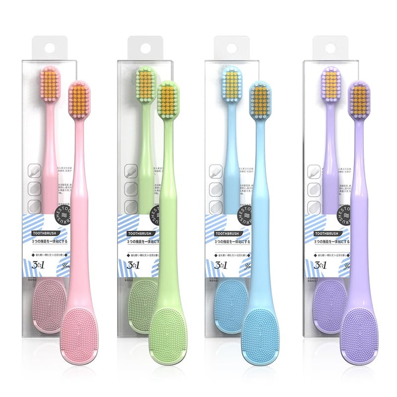HANNEA® Tooth Brush Set Soft Bristle Tooth Brush for Adults 3 In 1 Toothbrush with Double Side Tongue and Face Cleaner Soft Rubber Dental Brush, Pack of 4 - Image 1