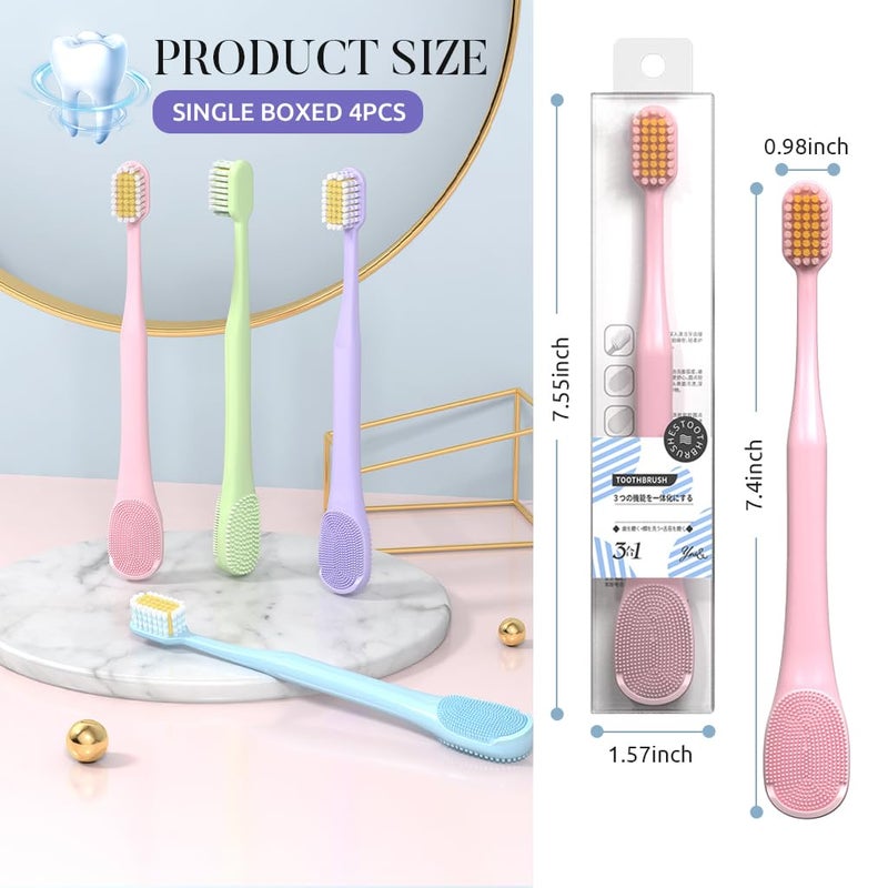 HANNEA® Tooth Brush Set Soft Bristle Tooth Brush for Adults 3 In 1 Toothbrush with Double Side Tongue and Face Cleaner Soft Rubber Dental Brush, Pack of 4 - Image 2