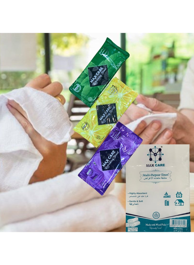 ماكس كير حزمة مناشف متعددة الاستخدامات من ماكس كير، تحتوي على 50 قطعة (30x60 سم) مع 50 منشفة منعشة، شديدة الامتصاص، ناعمة، متوفرة بنكهات متعددة. - Image 4