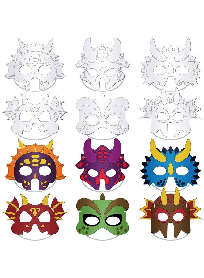 Woanger 36 Pieces Color Your Own Dinosaur Masks DIY Paper Masks Blank Graffiti Craft with Elastic Ropes for Cosplay Dinosaur Birthday Party Favors, 6 Designs - Image 1