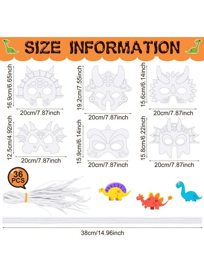 Woanger 36 Pieces Color Your Own Dinosaur Masks DIY Paper Masks Blank Graffiti Craft with Elastic Ropes for Cosplay Dinosaur Birthday Party Favors, 6 Designs - Image 3